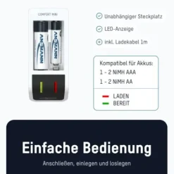 ANSMANN AG Akku-Ladegerät Comfort Mini + 2× AA 2100mAh^ Akku-ladegeräte